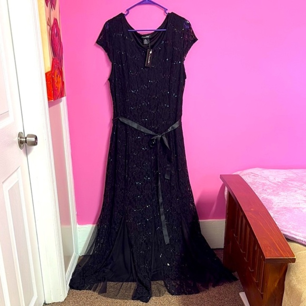 Candalite NWT Elegant Black Evening Dress floral lace with sequins black tie XL
